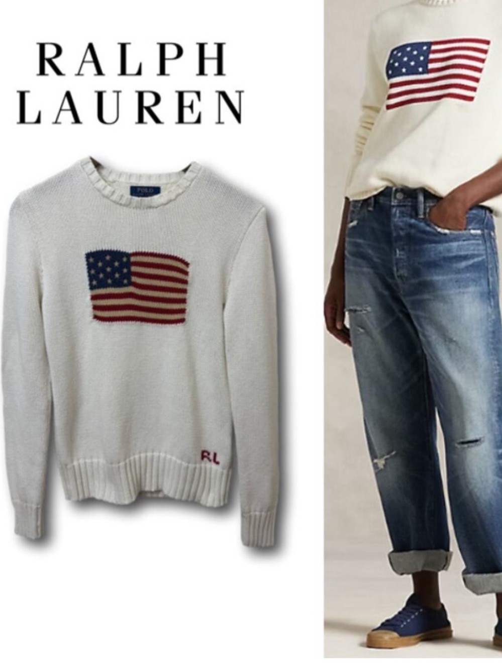Polo Ralph Lauren American
Flag Knit Sweater Cream Patriotic Womens XSmall small